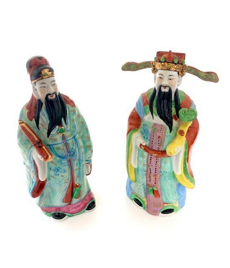 Stamped Famille Rose Porcelain Figures Of Fu Xing & Lu Xing: Stamped Famille Rose Porcelain Figures Of Fu Xing & Lu Xing. Fu Xing Is The Chinese God Of Good Fortune And Lu Xing Is The Chinese God Of Prosperity. In Great Condition, Height Of Both 12", Vi