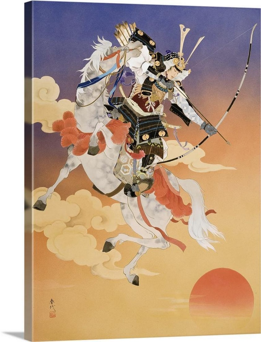 Rakujitsu Canvas Reproduction: Rakujitsu Canvas Reproduction By Haruyo Morita Contemporary colorful Asian art of a samurai warrior on a white horse, with a bow and arrow. Width: 12 inches Height: 16 inches View photos for further