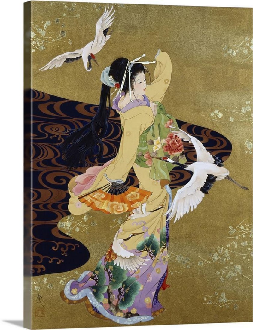 Tsuru No Mai Canvas Reproduction: Tsuru No Mai Canvas Reproduction By Haruyo Morita Contemporary colorful Asian art of a Geisha in beautiful ornate clothing. Width: 12 inches Height: 16 inches View photos for further details.