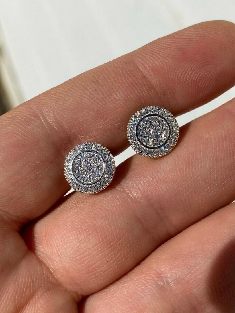 Solid 925 Men's CZ Round Screw Back Stud Earrings (1 of 2)