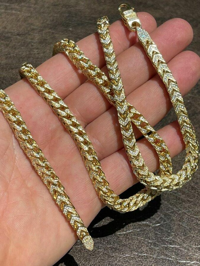 Men's & Ladies 22" 14K Gold Over Solid 925 Sterling Silver 6mm Diamond Franco Chain: Men's & Ladies 22" 14K Gold Over Solid 925 Sterling Silver 6mm Diamond Franco Chain Handmade Franco Chain With Man Made VVS Diamonds Will Never Tarnish Or Wash Away View Photos For