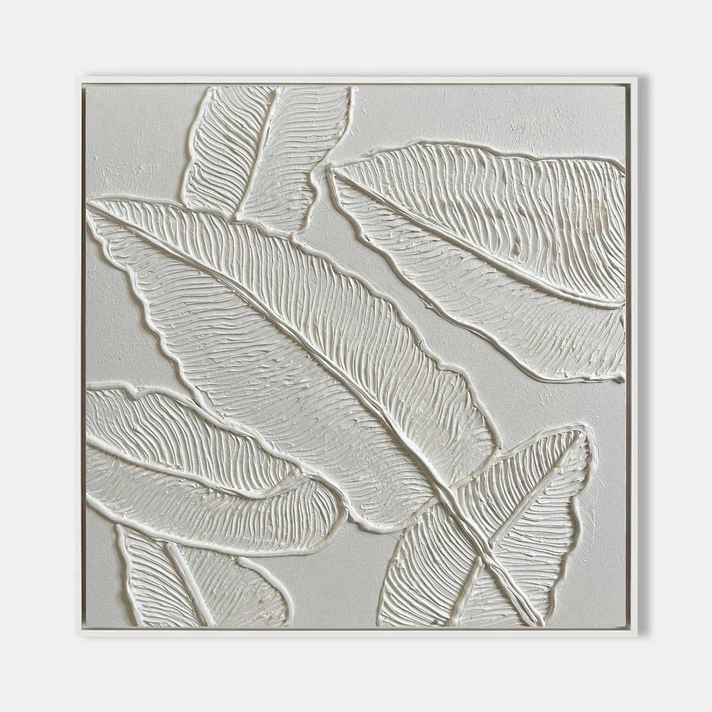 Framed White Leaves Wall Art Textured Plaster Art Painting: Framed White Leaves Wall Art Textured Plaster Art Painting Elevate your home decor with this Framed White Leaves Wall Art Textured Plaster Art Painting. The exquisite texture and soft white tones crea