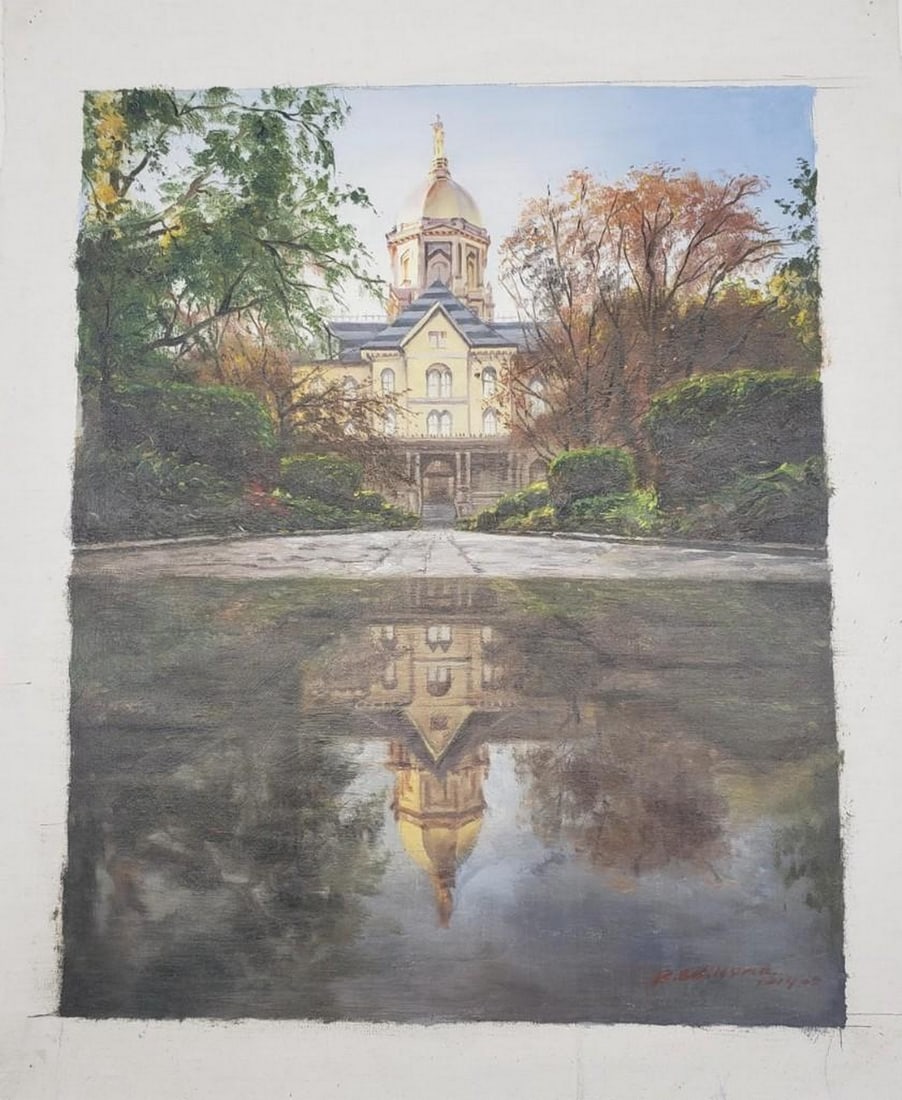 Original Commemorative Oil Painting Of Notre Dame's Main Building Signed By R. Bellissima.: Original Commemorative Oil Painting Of Notre Dame's Main Building Signed By R. Bellissima. This Exquisite Painting Depicts The Main Administration Building At University Of Notre Dame. This High
