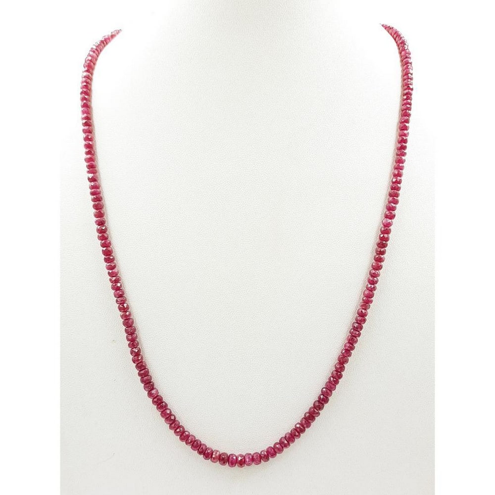 Ruby beads string: Ruby beads string Ruby faceted beads string, Beads diameter- 3.2 to 4.6 mm, Length of necklace- 45 cms View photos for further details.