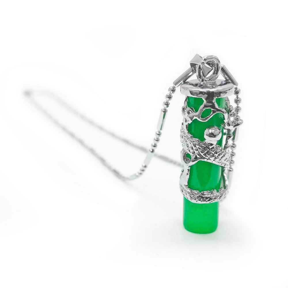 Asian Dragon Jade Cylindrical Pendant On 925 Necklace: An Asian Dragon Jade Cylindrical Pendant On 925 Necklace. View Photos For Further Details