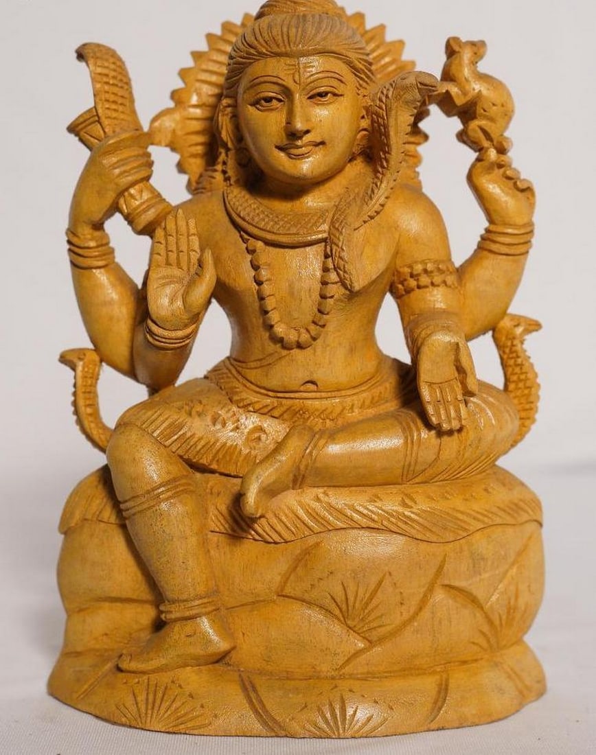 9" Four-Armed Mahadeva Sculpture Handmade White Wood Figurine (1 of 4)