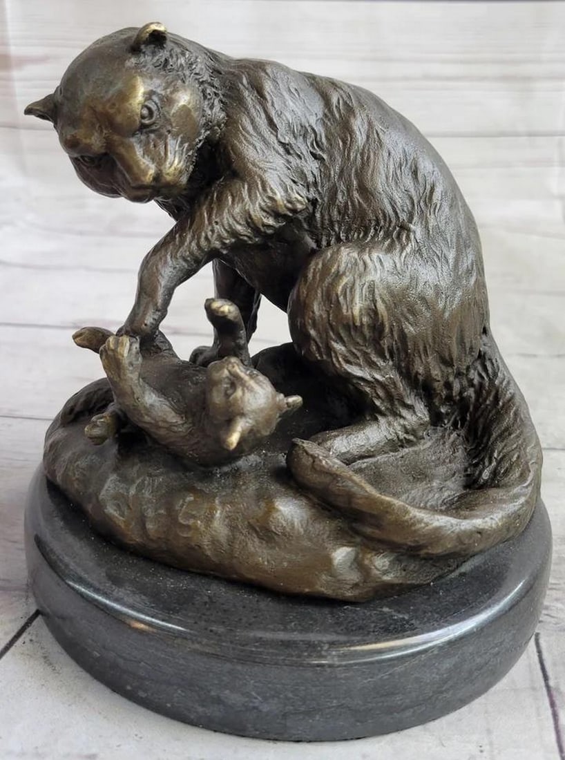 Feline Whimsy Unleashed Playful Sibling Kittens Original Bronze Sculpture on Marble Base - 6" x 6": Feline Whimsy Unleashed Playful Sibling Kittens Original Bronze Sculpture on Marble Base - 6" x 6" Experience the charm of "Feline Whimsy Unleashed," a delightful bronze sculpture feat