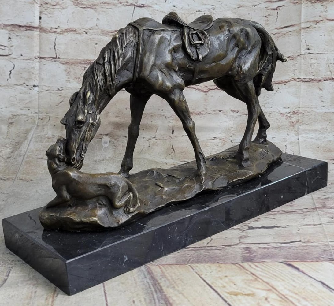 Original Horse & Dog Friendship Bronze Sculpture - 9" x 13.5": Original Horse & Dog Friendship Bronze Sculpture - 9" x 13.5" This bronze sculpture beautifully captures a heartwarming scene commonly seen on ranches or farms. It portrays the beginning o