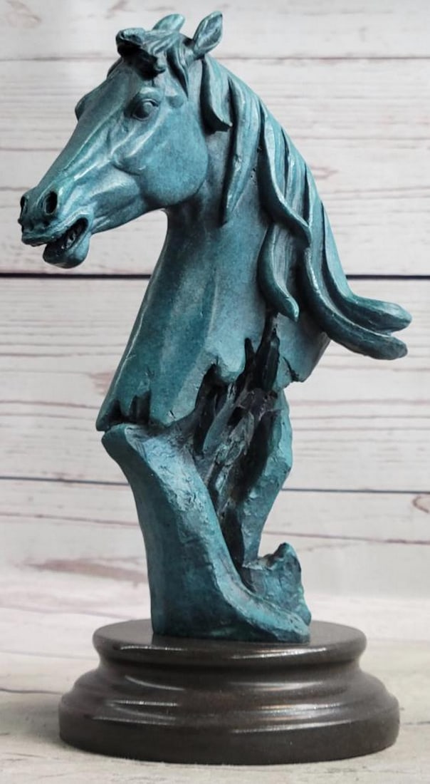 Signed Original Blue Patina Abstract Horse Bust Bronze Sculpture On Marble Base - 8.5" x 5": Signed Original Blue Patina Abstract Horse Bust Bronze Sculpture On Marble Base - 8.5" x 5" This gorgeous bronze bust of a horse is unique and filled with a raging vibe of energy. The horse se