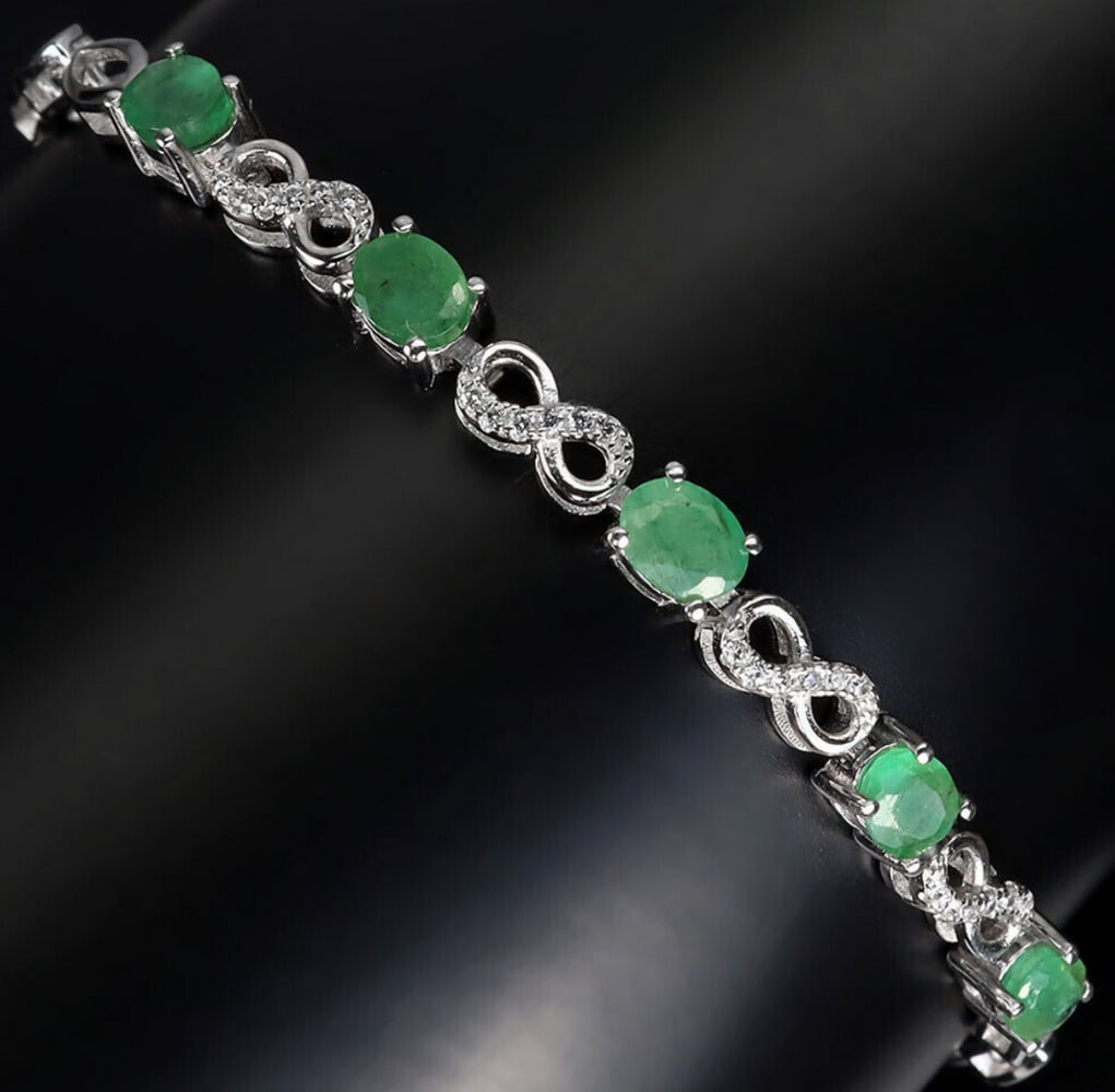 Oval Emerald Stone Infinity 925 Sterling Silver Bracelet - 6" (1 of 3)