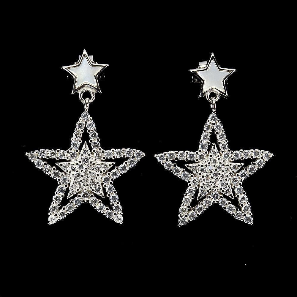 5mm Natural Mother of Pearl 925 Sterling Silver Star Dangle Earrings: 5mm Natural Mother of Pearl 925 Sterling Silver Star Dangle Earrings Add a touch of celestial charm with these star-shaped dangle earrings, featuring 5mm natural mother of pearl gemstones set in 925 s
