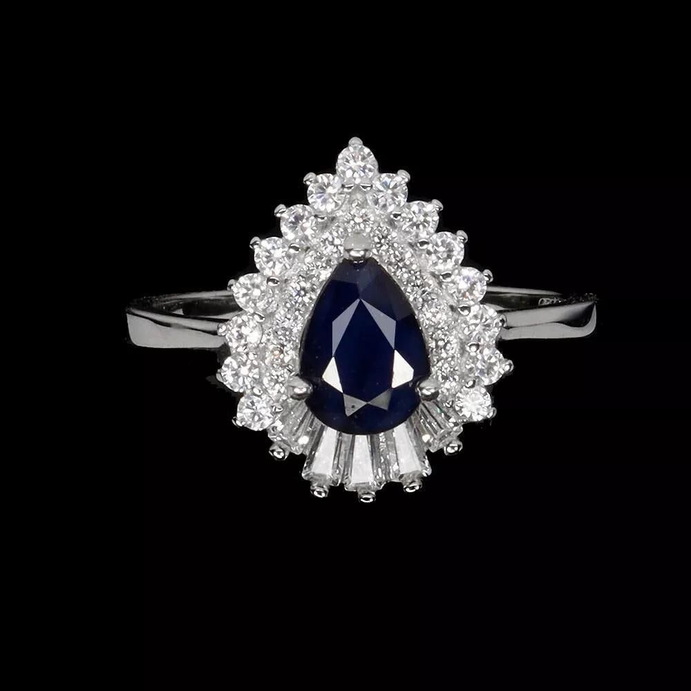 Pear Blue Sapphire 925 Sterling Silver Ring - Size 6.5 (1 of 3)