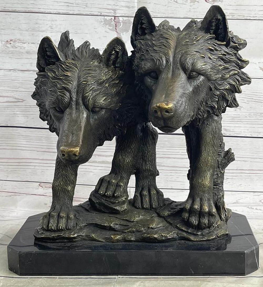 Signed Original Wild Wolf Duo Metal Bronze Art Sculpture - 12" x 12' (1 of 6)