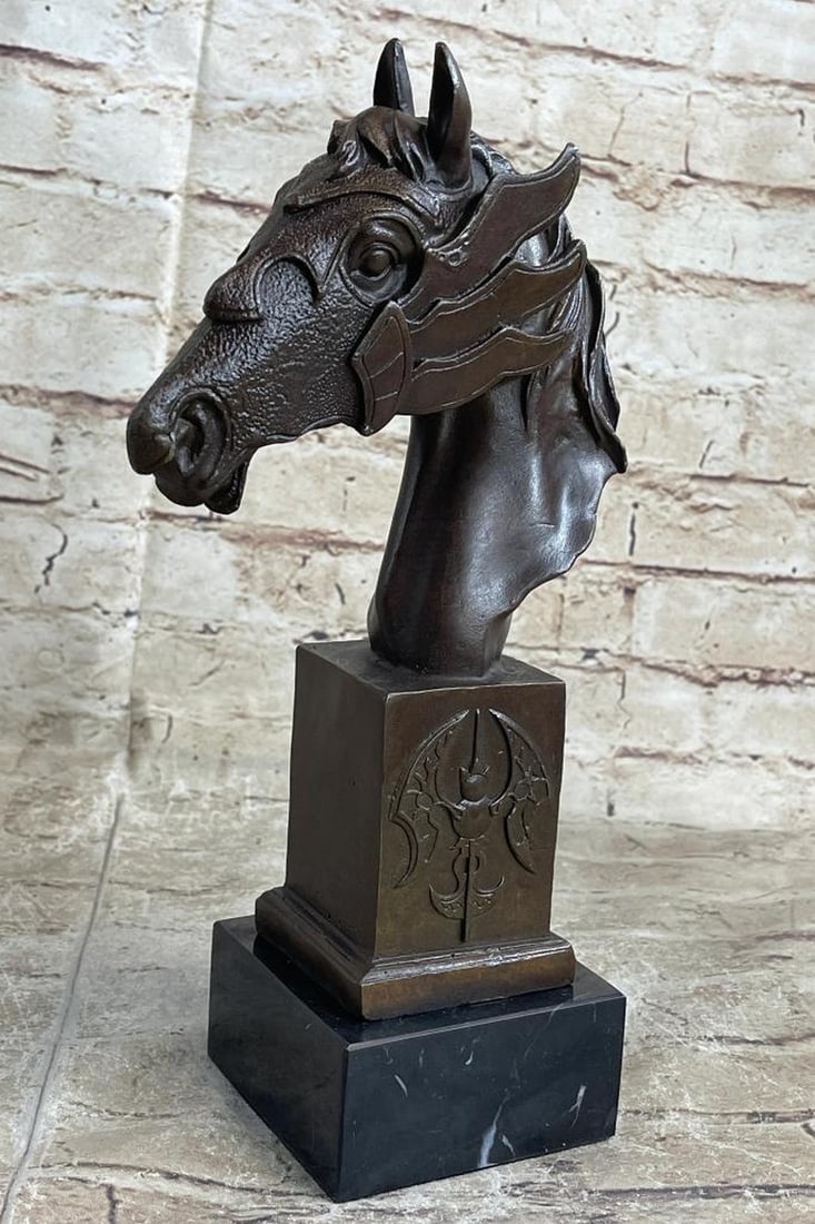 Horse Head Bronze Bust Statue Sculpture Figure Original Art Decor Equestrian 10.5" x 6": This gorgeous bronze bust of a horse is unique and filled with a raging vibe of energy. The horse seems to be excited or spooked. He bends his head down towards his body as his hair flows upwards as