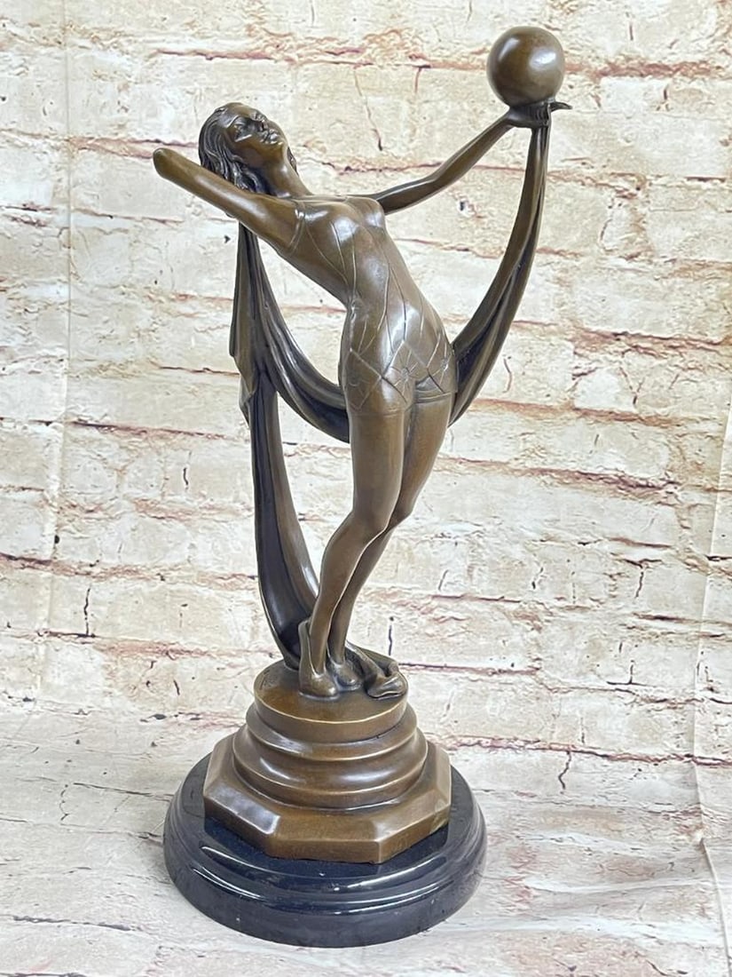 Flapper Dancer with Ball" Signed Original Art Deco Bronze Sculpture by Milo – 14" x 7: "Flapper Dancer with Ball" Signed Original Art Deco Bronze Sculpture by Milo – 14" x 7" This original Art Deco bronze sculpture by Milo portrays a graceful dancer balancing a sphere 