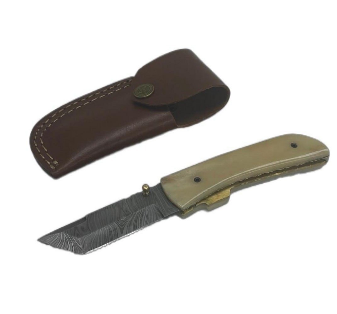 Glinting Silver Folding Damascus Knife: Custom Handmade Damascus Steel Hunting, Camping & Folding Knife Handle Camel bone. Damascus Steel Blade with 256 Layers on it. HARDNESS 56-60 H R C VERY HIGH QUALITY GENUINE LEATHER SHEATH SIZE: O