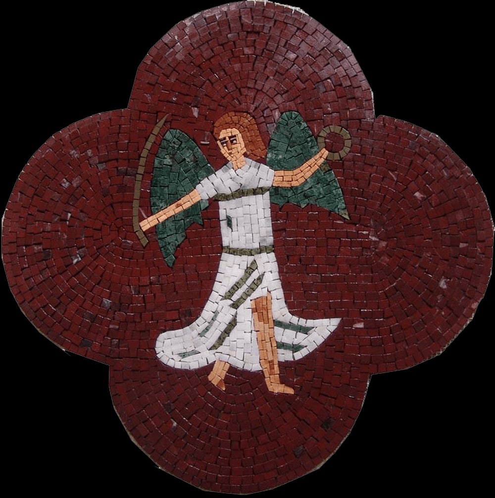 Angel Mosaic Pattern Designs: Angel Mosaic Pattern Designs A handcrafted mosaic artwork featuring a detailed depiction of an angel, made from natural stone tiles and hand-cut decorative pieces. This intricate design captures