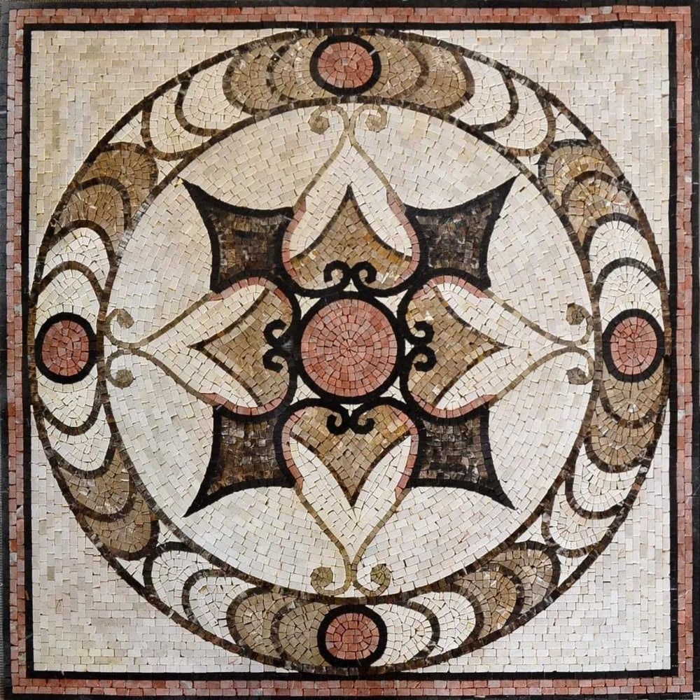 Nara Arabesque Marble Mosaic Panel: Nara Arabesque Marble Mosaic Panel A handcrafted square mosaic made from natural marble stones. This design features an intricate arabesque geometric pattern, mounted on a mesh backing. Suitable for i