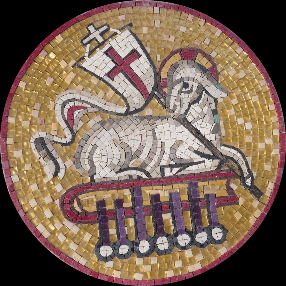 Lamb of God Marble Mosaic Panel: Lamb of God Marble Mosaic Panel A handcrafted square mosaic made from natural marble, gold glass, and dark purple quartz. This piece depicts a lamb motif with intricate details, mounted on a mesh back