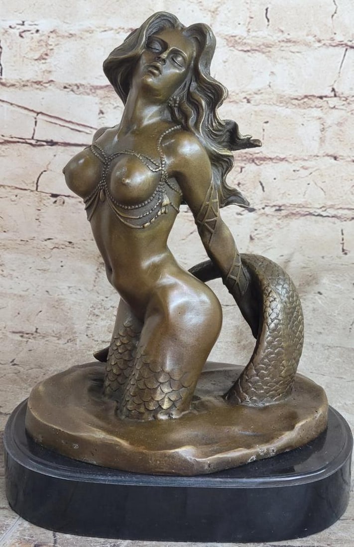 Mythical Alluring Nude Mermaid Bronze Sculpture on Marble Base Signed Original by Milo - 12" x 8.5": Mythical Alluring Nude Mermaid Bronze Sculpture on Marble Base Signed Original by Milo - 12" x 8.5" The "Mythical Alluring Nude Mermaid" bronze sculpture, an exquisite original signed 