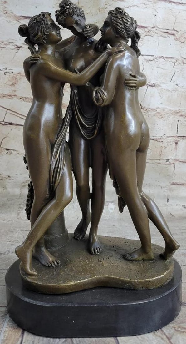 Daughters of Zeus: The Three Graces Inspired Bronze Sculpture on Marble Base by A. Canova - 12" x 7": Daughters of Zeus: The Three Graces Inspired Bronze Sculpture on Marble Base by A. Canova - 12" x 7" Immerse yourself in the divine beauty of "Daughters of Zeus: The Three Graces Inspired 