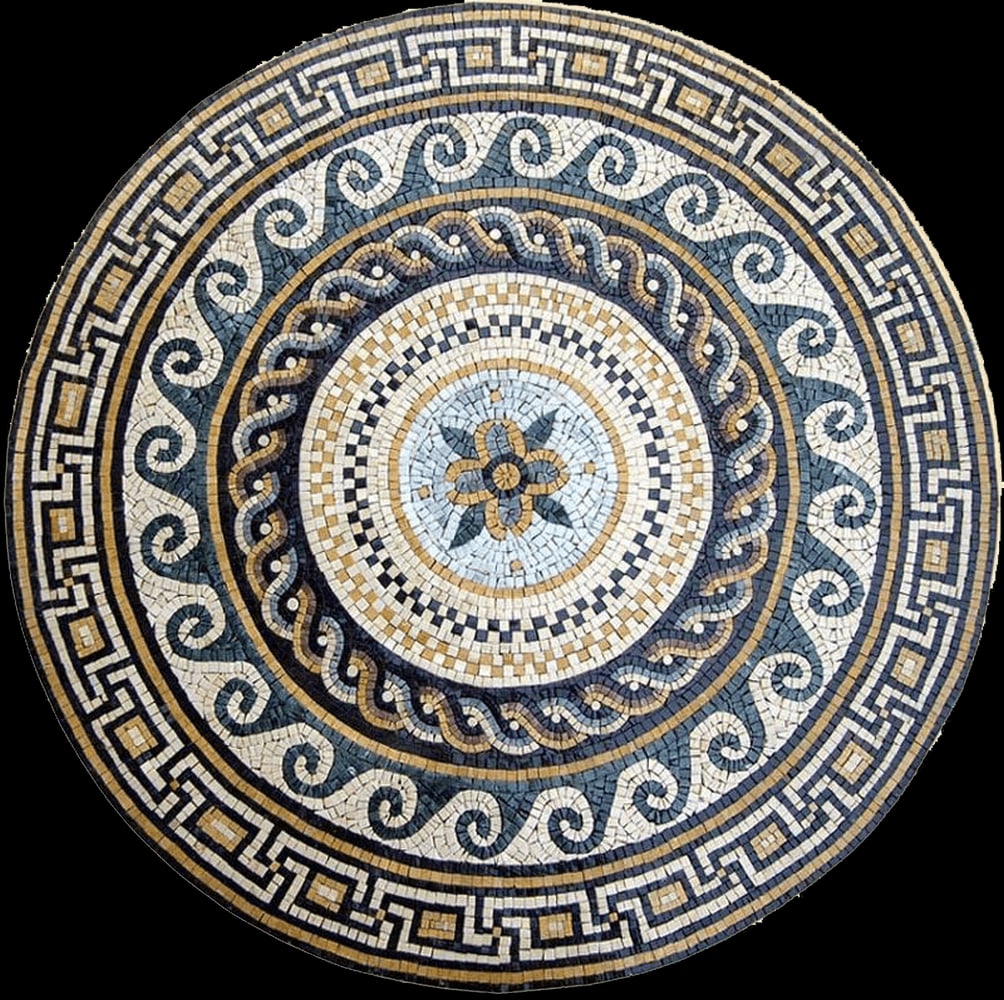 Greco-Roman Mosaic Medallion - Aelius II: Greco-Roman Mosaic Medallion - Aelius II A handcrafted square mosaic made from natural marble. This design features a central flower surrounded by geometric and nautical patterns, combining classical
