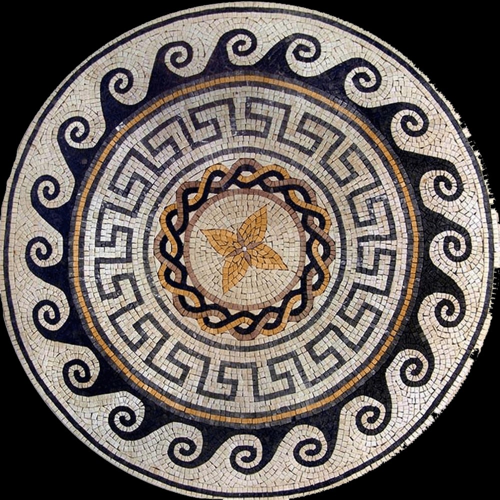 Greco-Roman Medallion Mosaic - Athena II: Greco-Roman Medallion Mosaic - Athena II A handcrafted square mosaic made from natural marble. This design features a central golden flower, a Roman guilloche braid, and a black-and-white Greek key