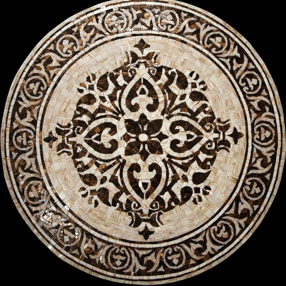 Vibrant Geometric Glass Mosaic Medallion: Vibrant Geometric Glass Mosaic Medallion A handcrafted square mosaic made from glass. This design features a dynamic and vibrant medallion pattern, combining bold colors and intricate geometric detail