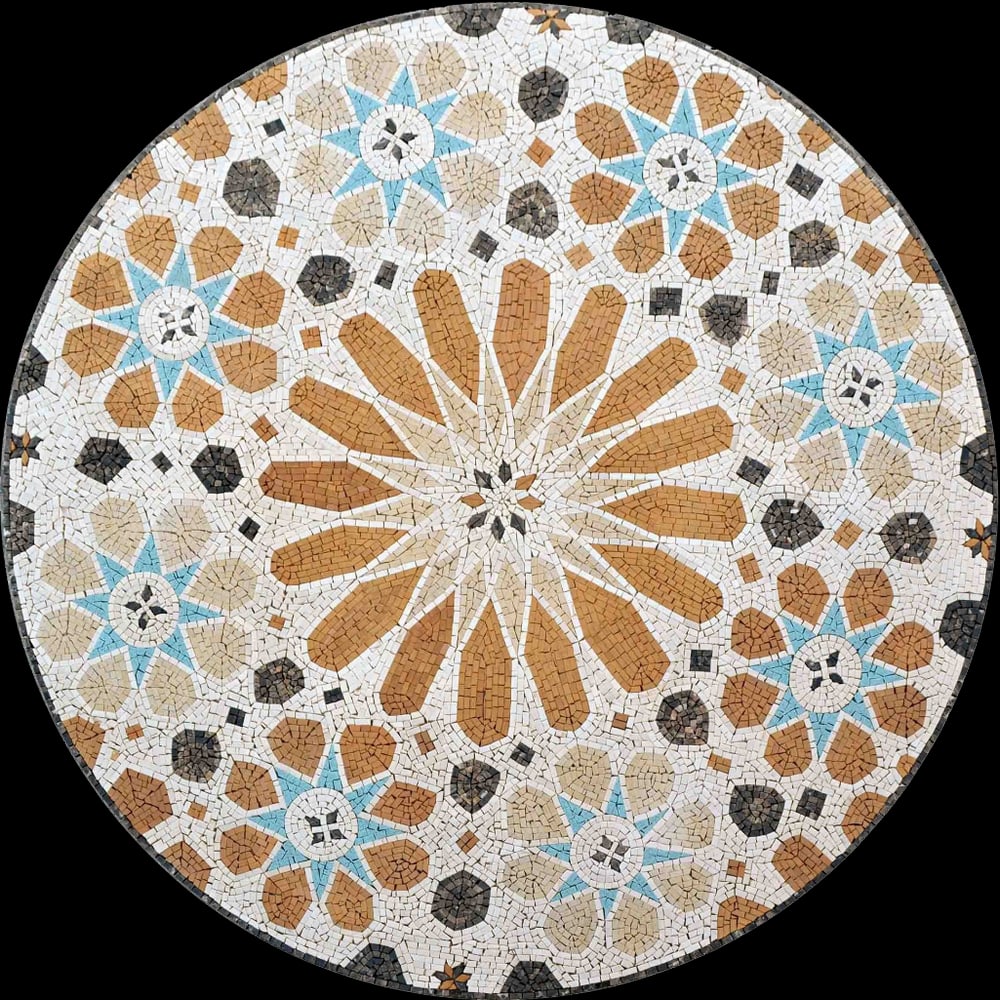 Moroccan Mosaic Medallion: Moroccan Mosaic Medallion A handcrafted square mosaic made from natural marble. This geometric design draws inspiration from traditional Moroccan tiling, combining intricate patterns with vibrant