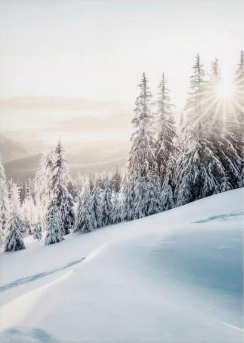 Winter Morning Glow Canvas Print: Winter Morning Glow Canvas Print An artwork showing a winter sunrise over snow-covered hills, with sunlight reflecting across the landscape and soft layers of blue and white in the distance. The work