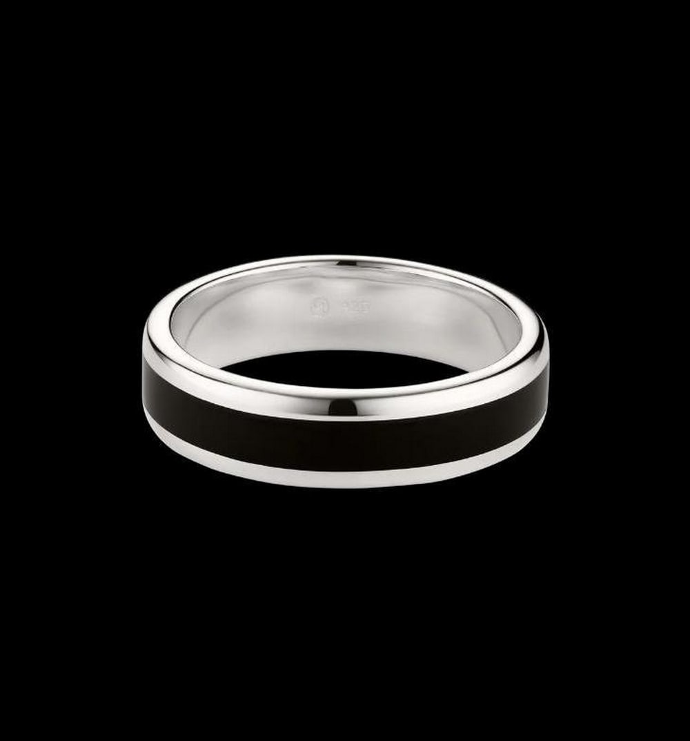 Sterling Silver Black Enamel Band Ring: Sterling Silver Black Enamel Band Ring Minimalism with magnitude. This slim sterling silver band features a striking black enamel stripe, offering sleek contrast without any excess. Hypoallergenic,