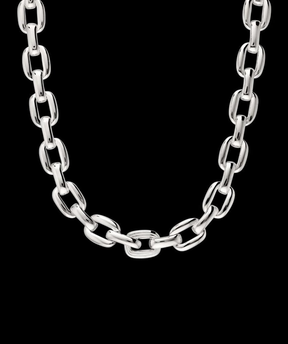 Sterling Silver Textured Link Chain Necklace: Sterling Silver Textured Link Chain Necklace Bold by design, this statement chain features a single textured link to add visual interest. Polished and durable, it’s hypoallergenic and crafted from