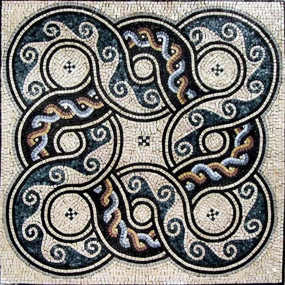Romanesque Floral Marble Mosaic - August: Romanesque Floral Marble Mosaic - August A handcrafted square mosaic made from natural marble. This design features a Romanesque motif with intricate waves and guilloche patterns, combining classical 