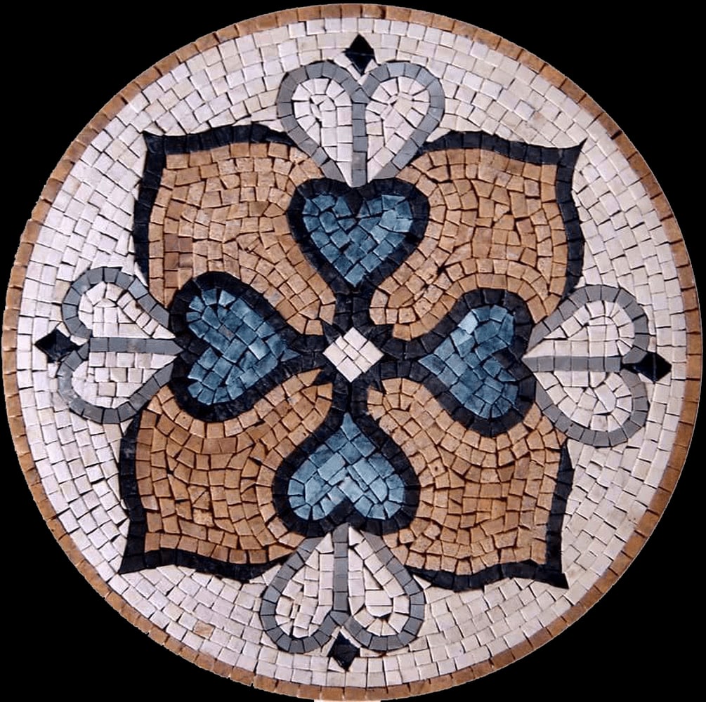 4Petals Geometric Floral Medallion Mosaic: 4Petals Geometric Floral Medallion Mosaic A handcrafted marble mosaic featuring an elegant four-petal floral motif arranged in a balanced geometric medallion. Made from 100% natural stone tiles, this