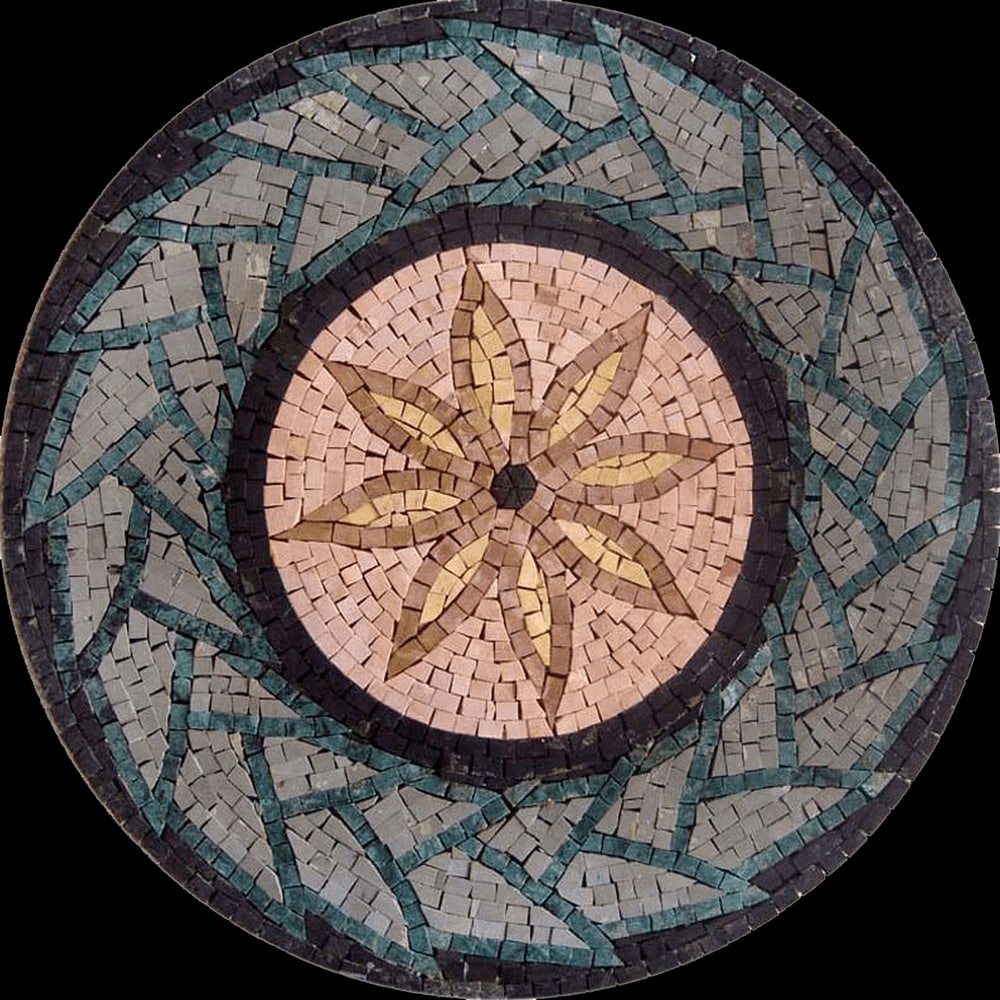 8 Petals Geometric Flower Mosaic Medallion: 8 Petals Geometric Flower Mosaic Medallion A handcrafted mosaic medallion featuring an elegant 8-petal geometric flower design. Made from 100% natural stone tiles, each piece is meticulously hand-cut,