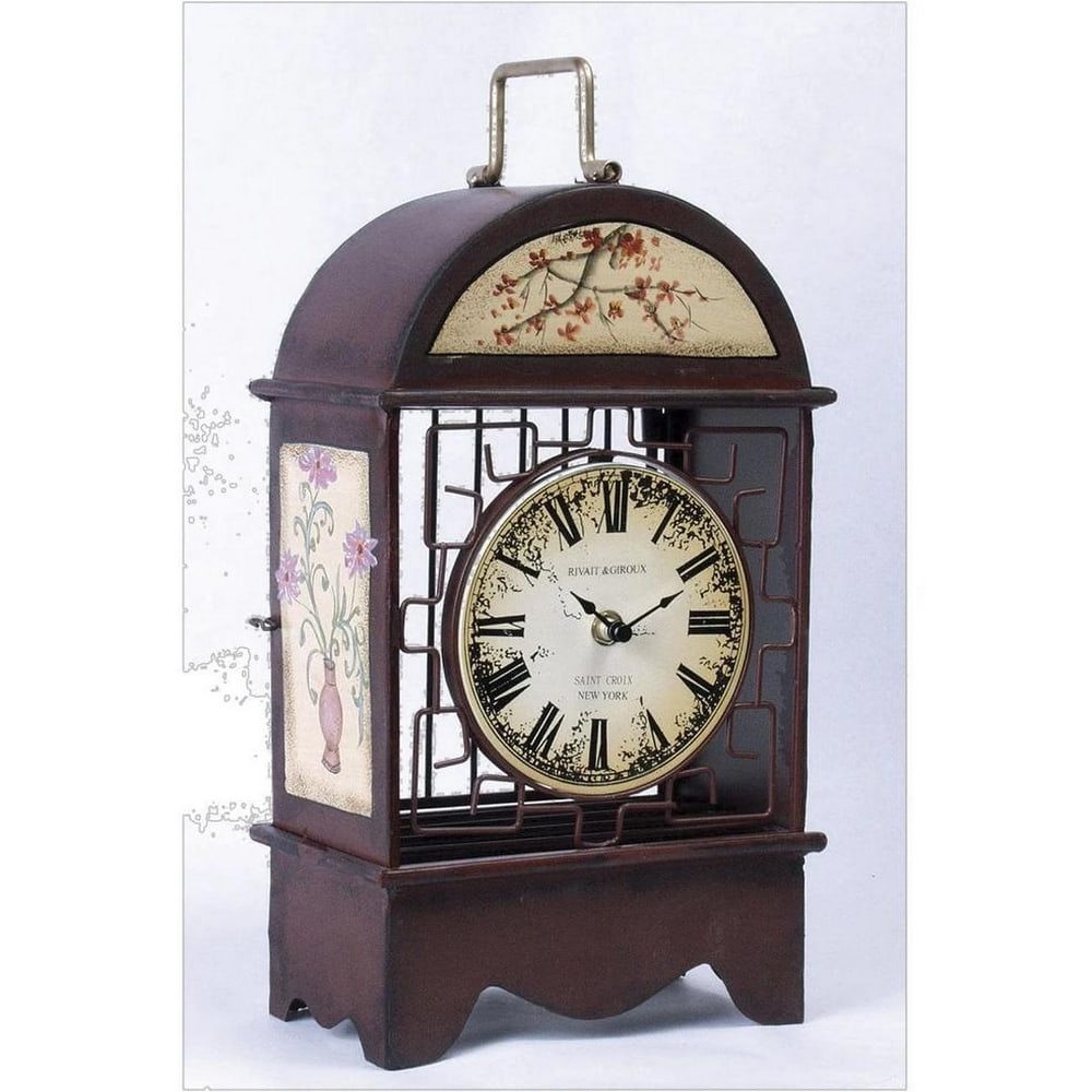 Analog Metal Quartz Tabletop Clock: Analog Metal Quartz Tabletop Clock Furnish your console tables with this classic analog metal tabletop clock, featuring vintage-inspired Roman numerals and hand-painted floral details on the front