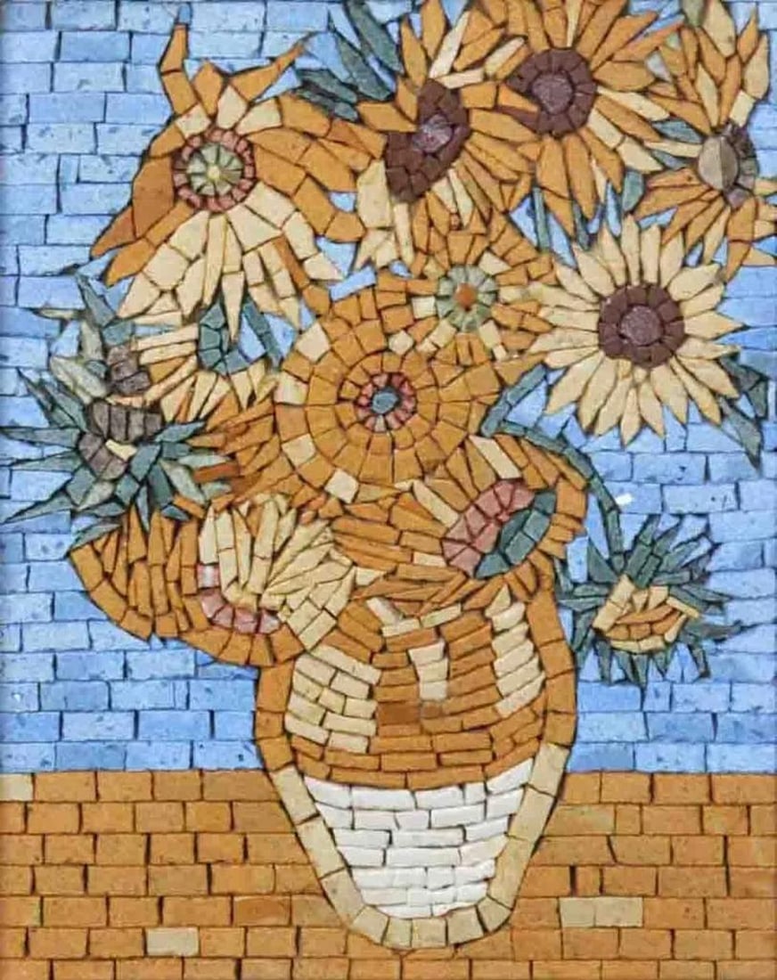 Van Gogh Sunflowers Mosaic Reproduction: Van Gogh Sunflowers Mosaic Reproduction A handcrafted rectangular mosaic made from natural marble, this exquisite piece is a detailed reproduction of Vincent Van Gogh’s Sunflowers painting. Each