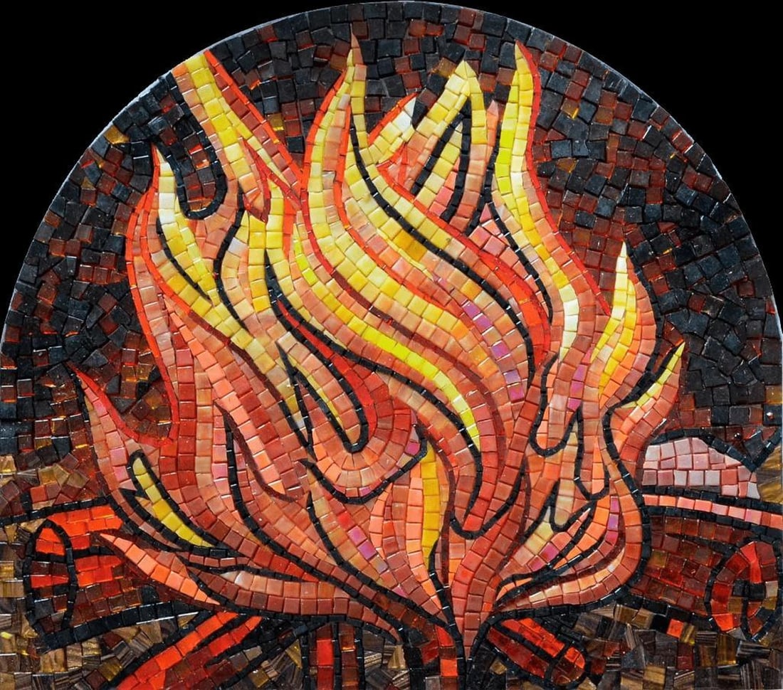 Radiant Campfire Mosaic – Handcrafted Glass Art: Radiant Campfire Mosaic – Handcrafted Glass Art A handcrafted rectangular mosaic made from glass, the Radiant Campfire Mosaic captures the warmth and vibrant energy of a crackling campfire. This int