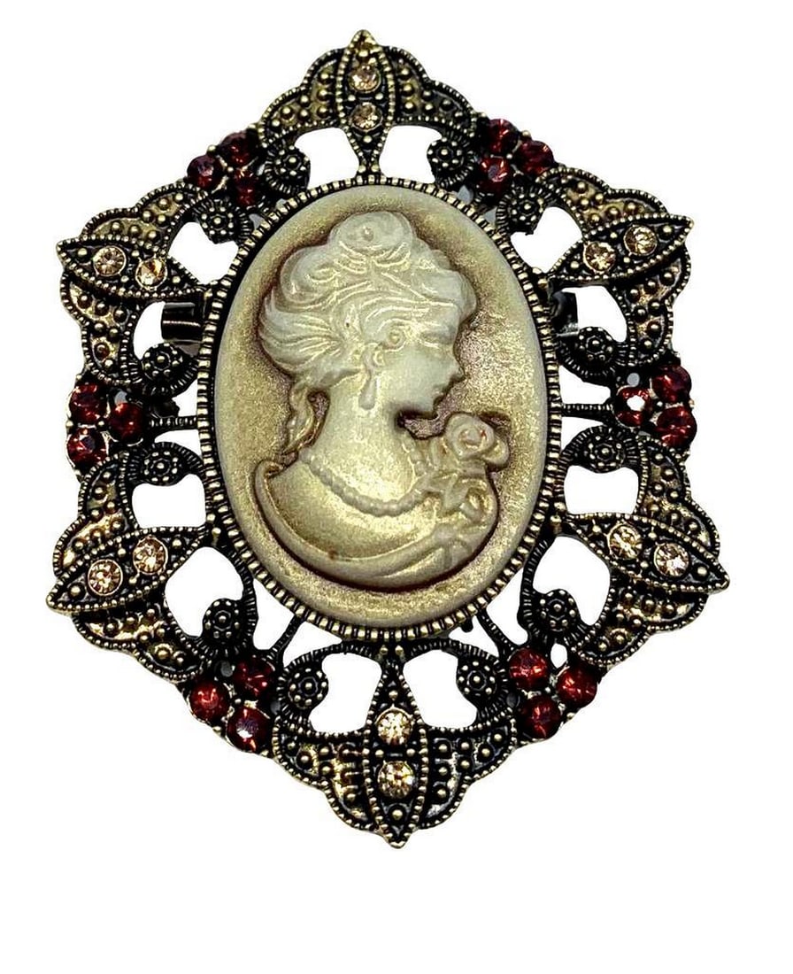 Crystal Rhinestones Queen Cameo Red and Gold Vintage Brooch: Gorgeous Crystal Rhinestones Cameo Vintage Brooch for Women This brooch will add charm and elegance to any clothing item. It is fashionable and easy to wear. It would make a great gift for your friend