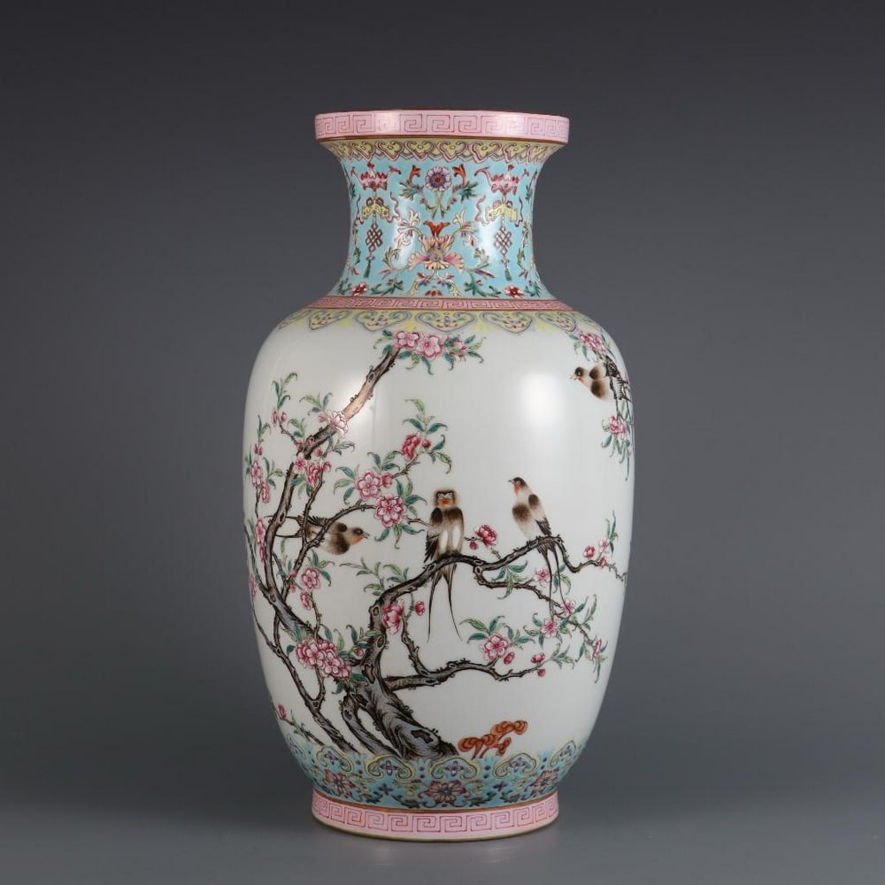 Inspired Qianlong Famille Rose Flower and Bird Pattern Poem Appreciation Bottle: Inspired Qianlong Famille Rose Flower and Bird Pattern Poem Appreciation Bottle This inspired porcelain bottle from the Qianlong period of the Qing Dynasty features a delicate famille rose design of v