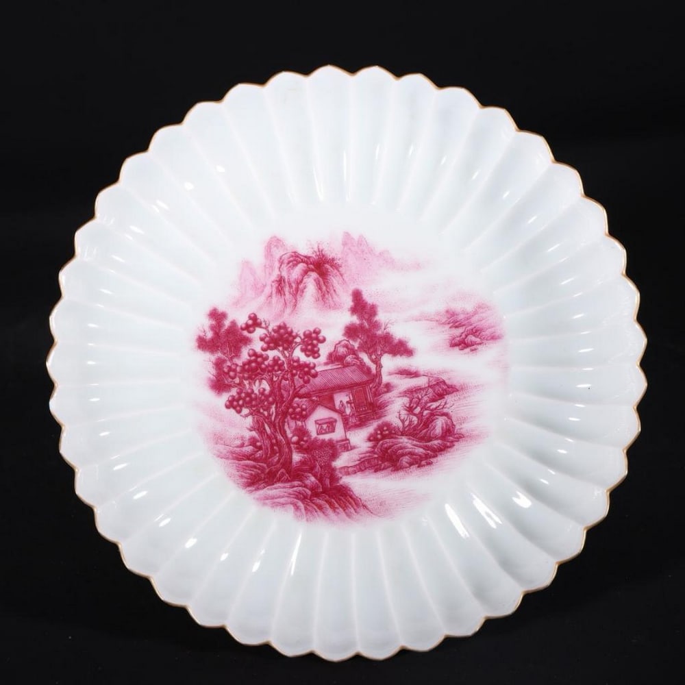Inspired Qing Dynasty Yongzheng Carmine Red Landscape Pavilion Chrysanthemum Petal Plate – Old: Inspired Qing Dynasty Yongzheng Carmine Red Landscape Pavilion Chrysanthemum Petal Plate – Old Collection This inspired carmine red plate from the Yongzheng period of the Qing Dynasty features a bea