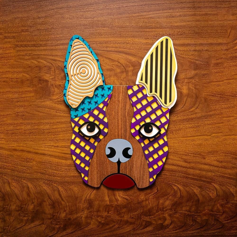 Vibrant French Bulldog Hand-Carved Wall Mask: Vibrant French Bulldog Hand-Carved Wall Mask Celebrate the playful charm of the beloved French Bulldog with this handcrafted wooden wall mask. Bold colors and intricate carving bring this unique piece