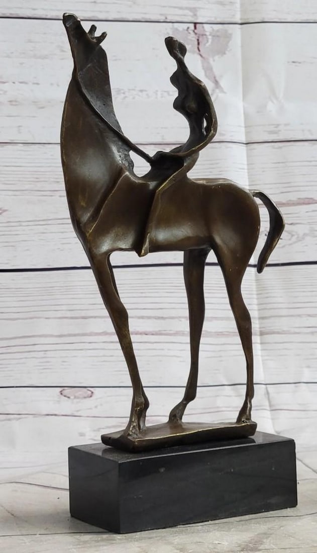 Abstract Female on Horseback Bronze Sculpture: Abstract Female on Horseback Bronze Sculpture The skinny woman rides on the back of a large horse. The artists dramatic emphasis on shape and volume creates a great attraction and tangibility to form.