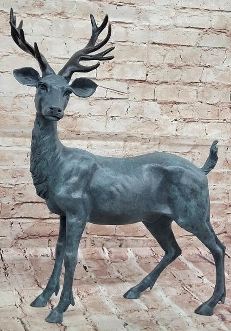 Regal Stature: Bronze Stag with Antlers in Green Patina: Regal Stature: Bronze Stag with Antlers in Green Patina Majestic and commanding, this bronze statue captures a proud stag standing tall with antlers fully displayed, a powerful symbol of strength and 