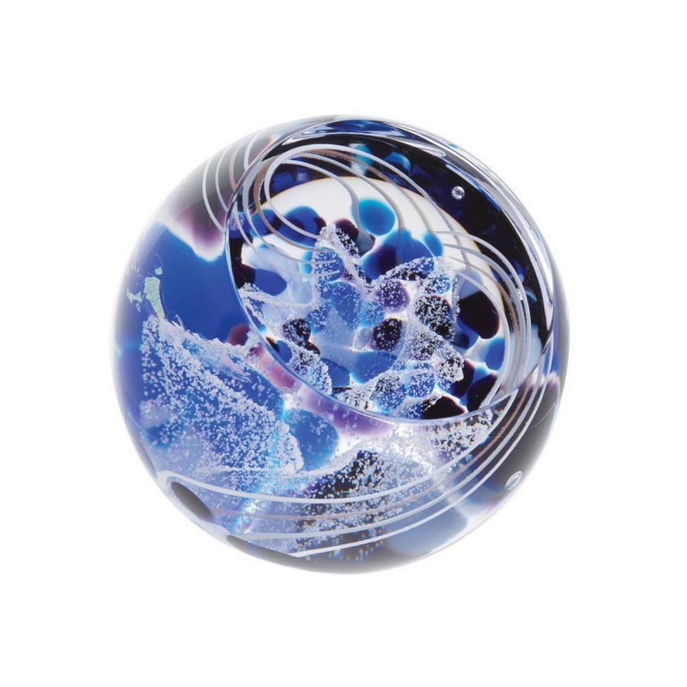Celestial Wish Paperweight: Celestial Wish Paperweight A handcrafted glass paperweight featuring a lone star suspended within a cosmic swirl of silver glass against a deep night sky backdrop. Created using meticulous hot glass s