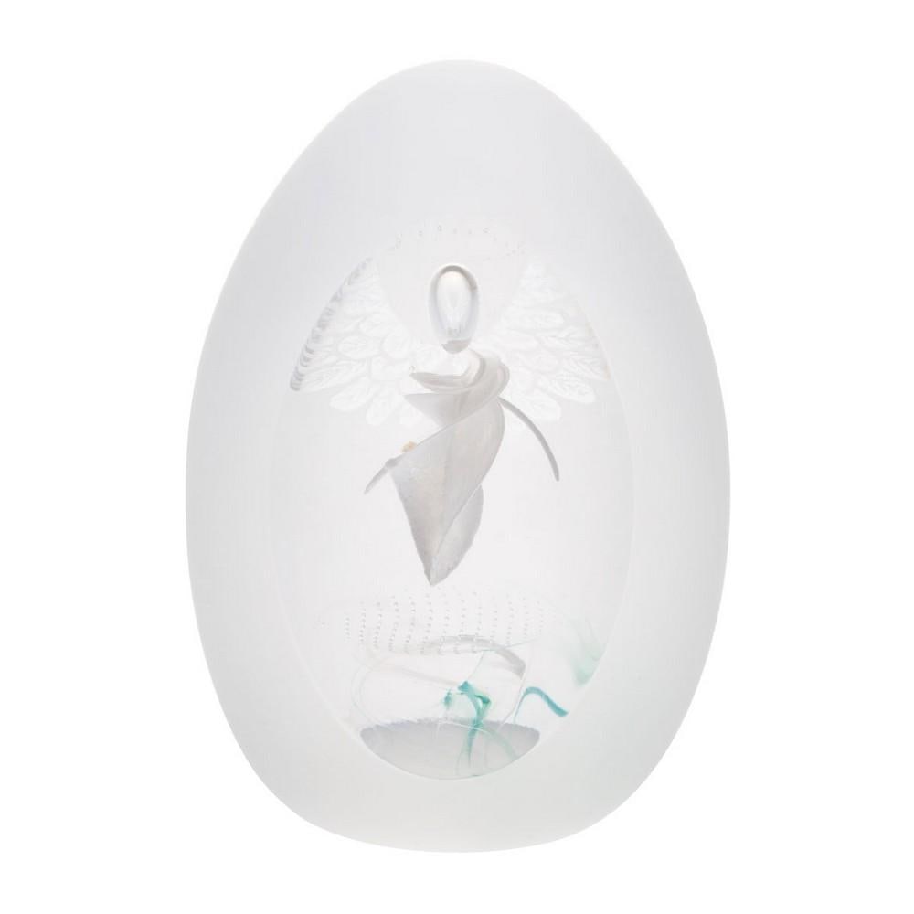 Guardian Angel Paperweight: Guardian Angel Paperweight A handcrafted glass paperweight featuring a white angel figure resting inside a frosted egg-shaped form. A clear polished window reveals the angel within, creating a quiet d