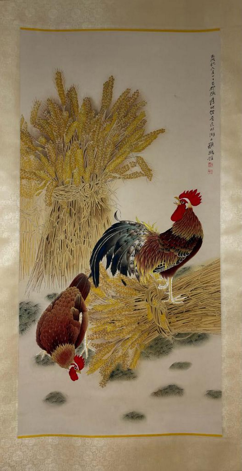 Auspicious Cocks with Harvest Bundle Inspired Scroll Painting - 2