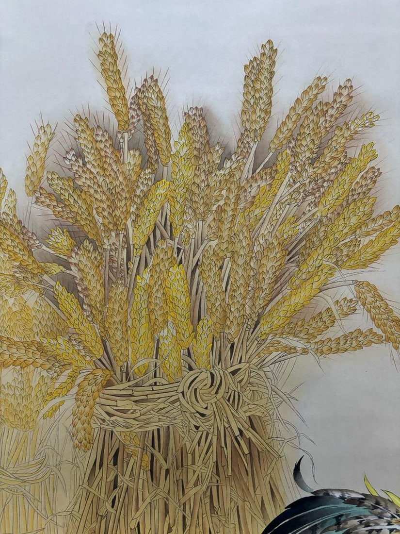 Auspicious Cocks with Harvest Bundle Inspired Scroll Painting - 4
