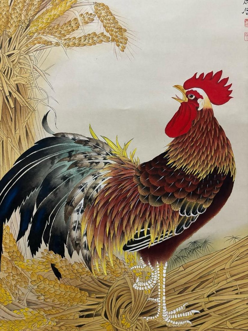 Auspicious Cocks with Harvest Bundle Inspired Scroll Painting - 5
