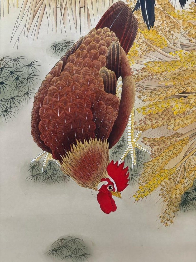 Auspicious Cocks with Harvest Bundle Inspired Scroll Painting - 6
